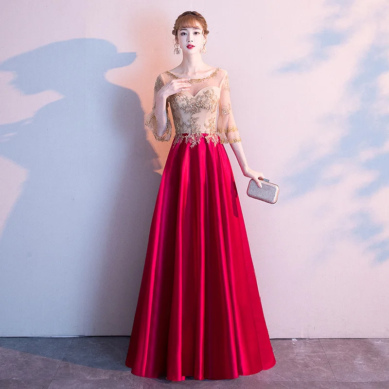 

Perspective Women Evening Dress Applique Pleated Dresses Floor-Length Wedding Party Banquet Skirt Pregnant Woman Toast Prom Gown