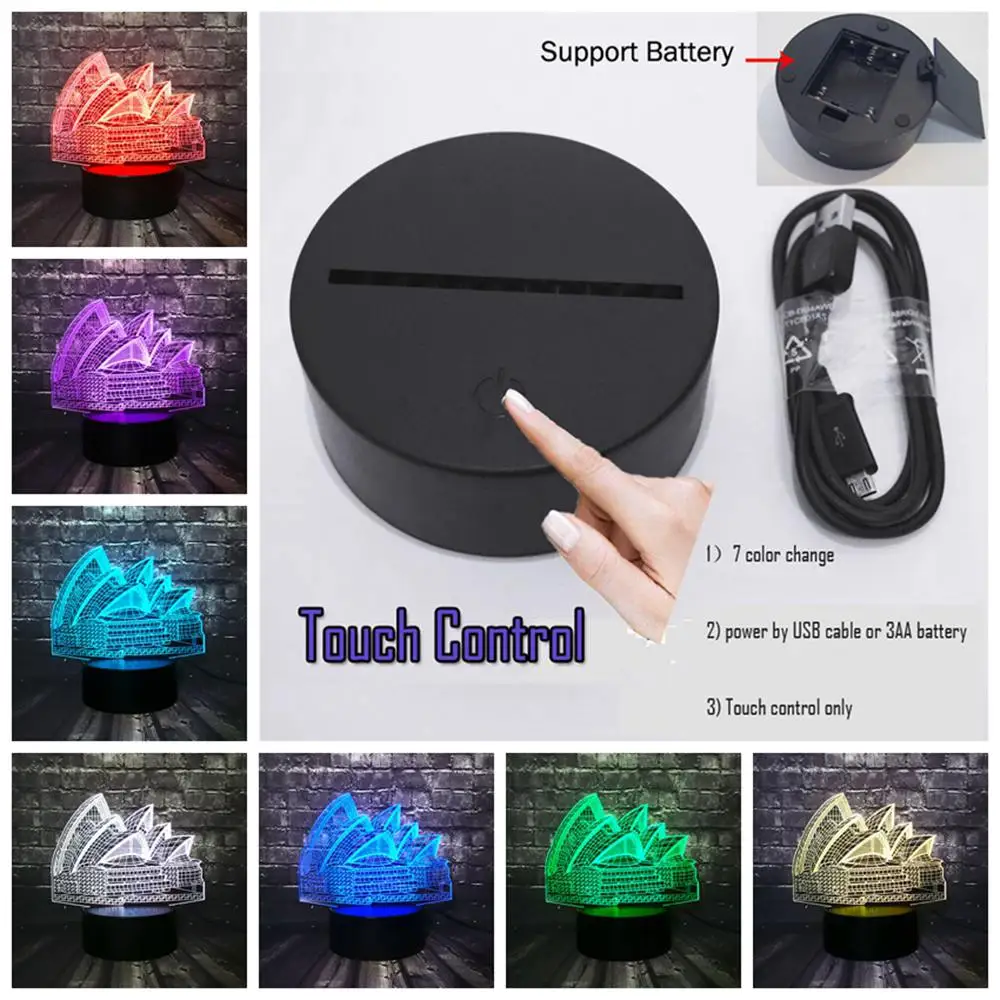 Touch USB 7 COLORS Креативный Австралийский Сидни опера дом 3D Визуальный светодиодный дом спальня стол 7 цветов трещина RGB Изменение праздник друг Рождественский подарок для детей - Испускаемый цвет: Touch USB 7 COLORS