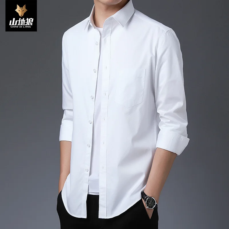

Mountain Wolf men's new men's shirt business youth slim Korean twill long sleeve Lapel shirt men's shirt