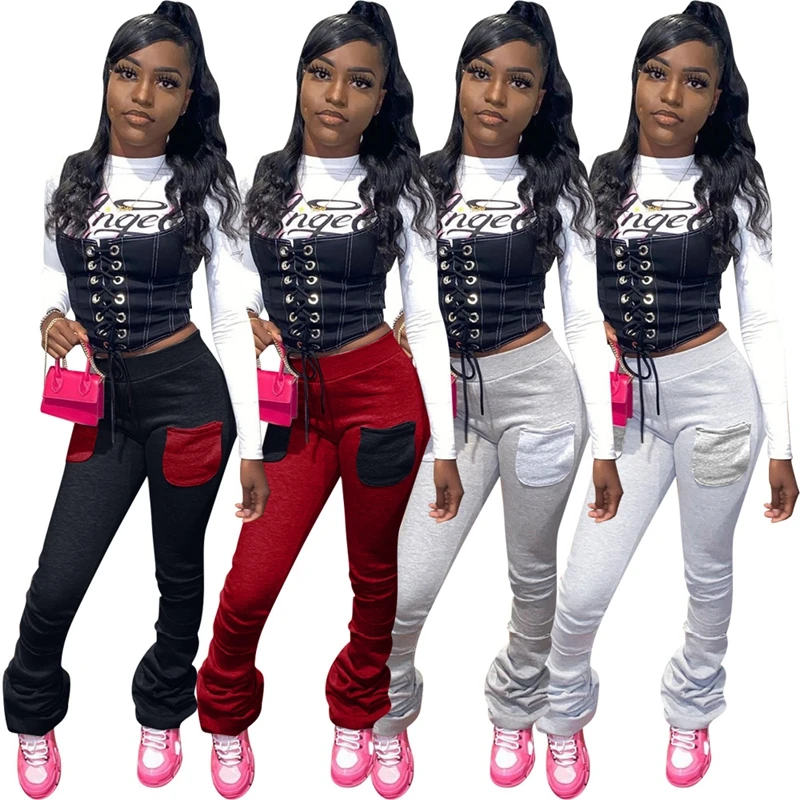 

Plus Size Casual Stacked Pants Women Streetwear Ruched Black Long Trousers Sweat Pants Pockets Autumn Slim Skinny Pencil Pants