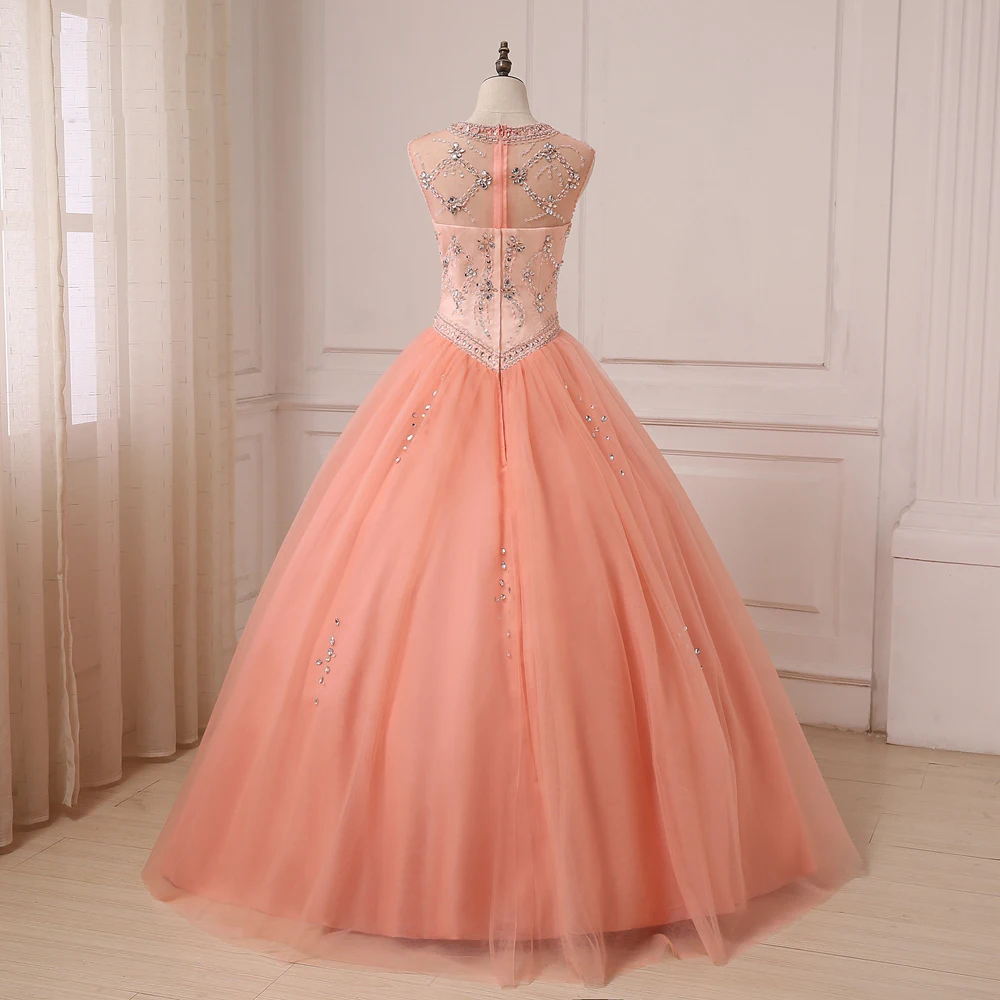 2020 платье Quinceanera коралловый Глубокий круглый вырез без рукавов с бисером Стразы