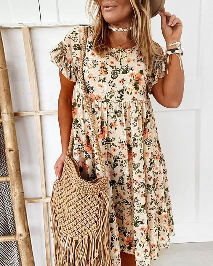 

WEPBEL Women's Casual Short Sleeve O-Neck Pleated Stitching Dress Summer Fashion Floral Print Loose Dress