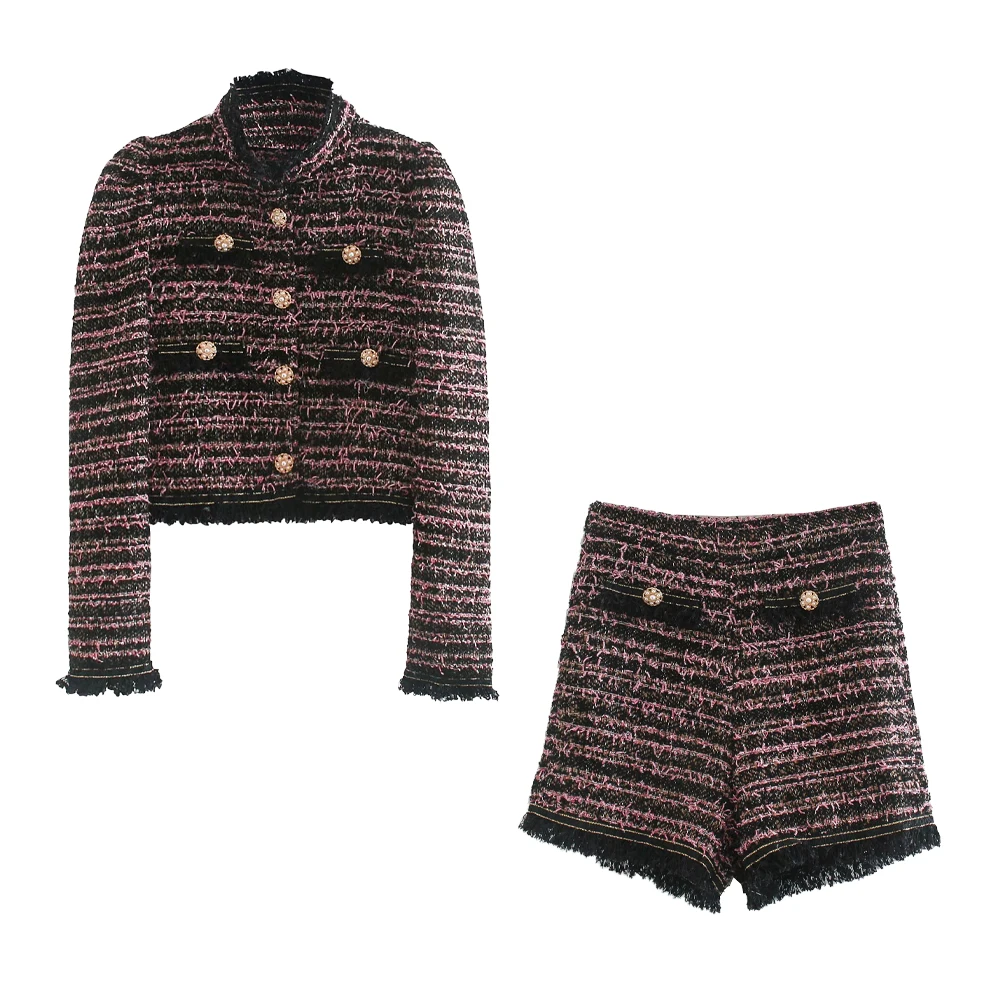 Женский твидовый комплект из двух предметов куртка с искусственным жемчугом и