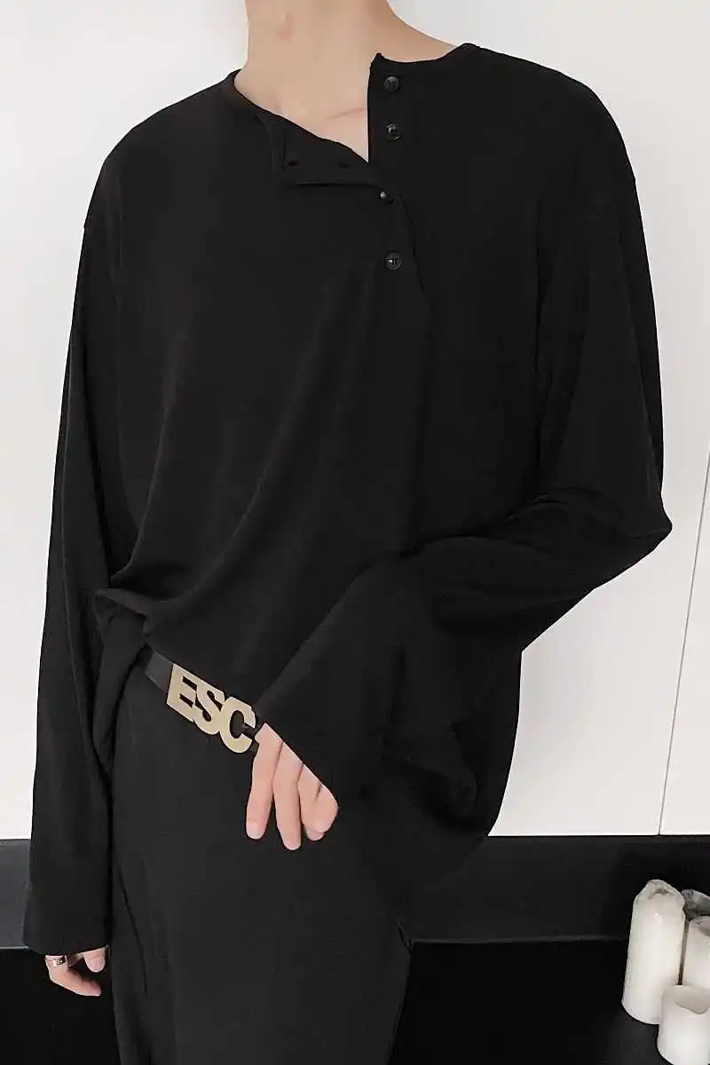 

IEFB Men's Wear Patchwork Buttons Round Collar Oversize T-shirts Male Spring Simple Comfortable Fabric Long Sleeve Tops 9Y3898