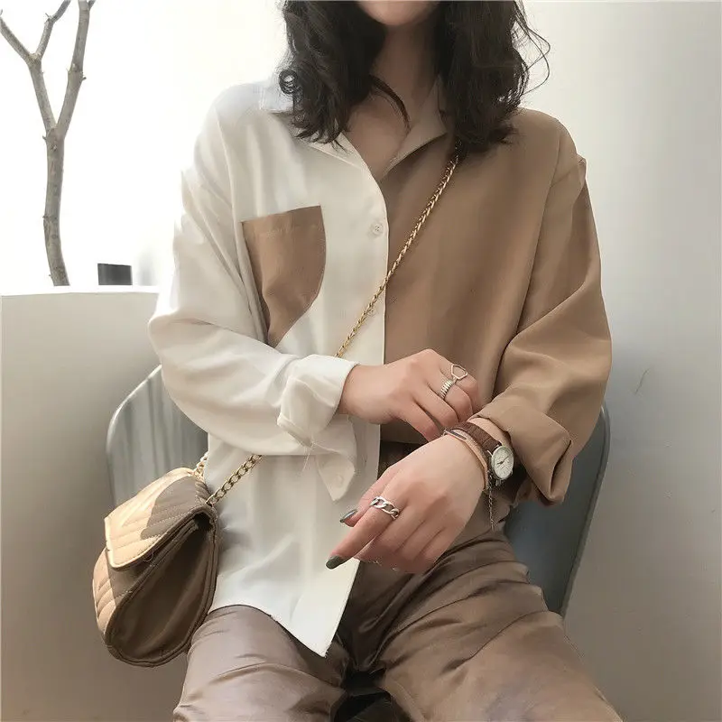 

2021 Spring Vintage Long Sleeve Colorblock Blouses Korean Hong Kong Style Retro Women Button Up Shirt Harajuku Fashion Tops Goth