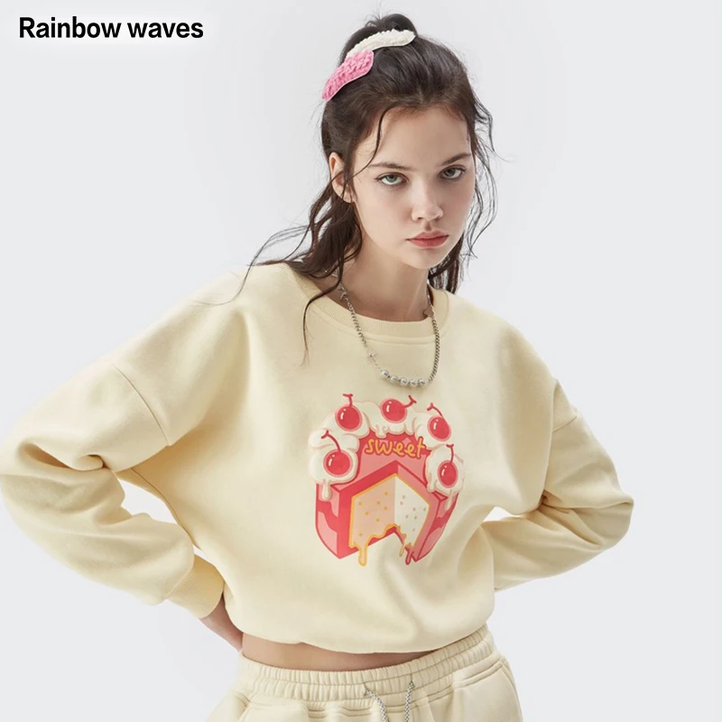 

Rainbowwaves Streetwear Women Sweatshirt Autumn Crop Casual Long Sleeve Cute Print Short Tops Fashion Sportswear New Pullovers