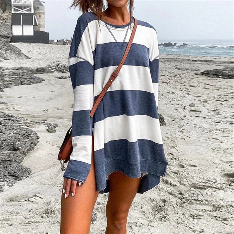 

Women Autumn Striped Print Dress Long Sleeve Split Loose Sweatshirt Dresses Casual Female O Neck Streetwear Mini Dress Vestidos