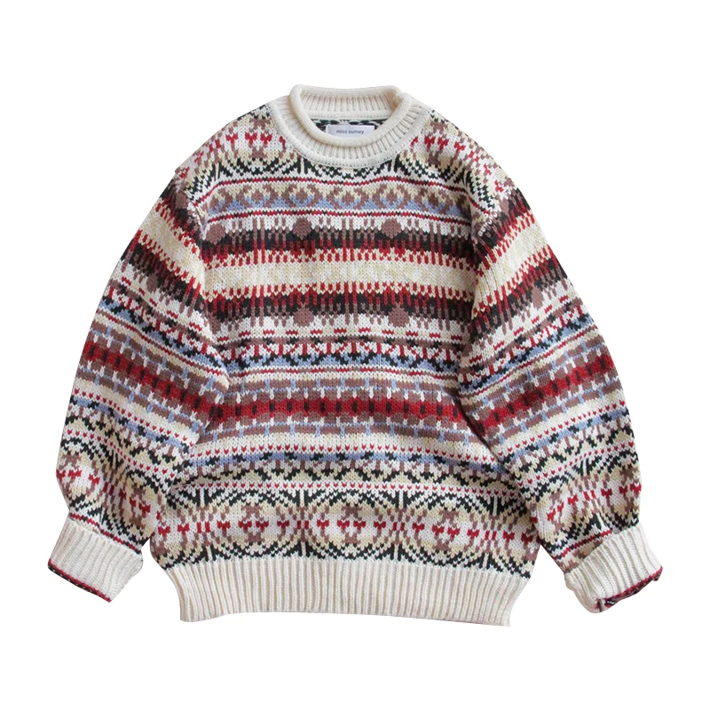 Зимние Для женщин ретро жаккардовый свитер молодая девушка студентка Harajuku Стиль