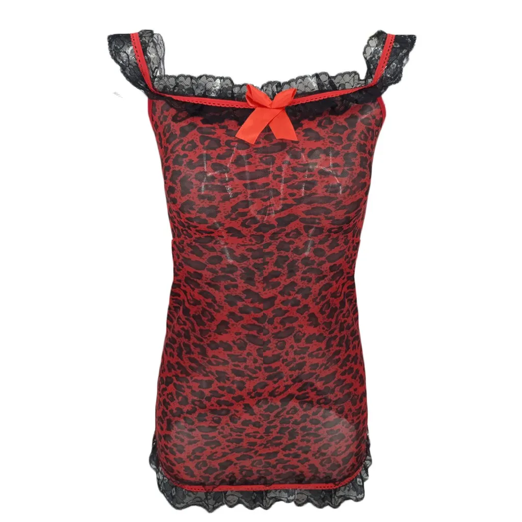 Sexy Lingerie Women Red Leopard Lace Trim Nightdress Underwear Babydoll Mini Dress With G-String Erotic Costumes Sleepwear | Тематическая