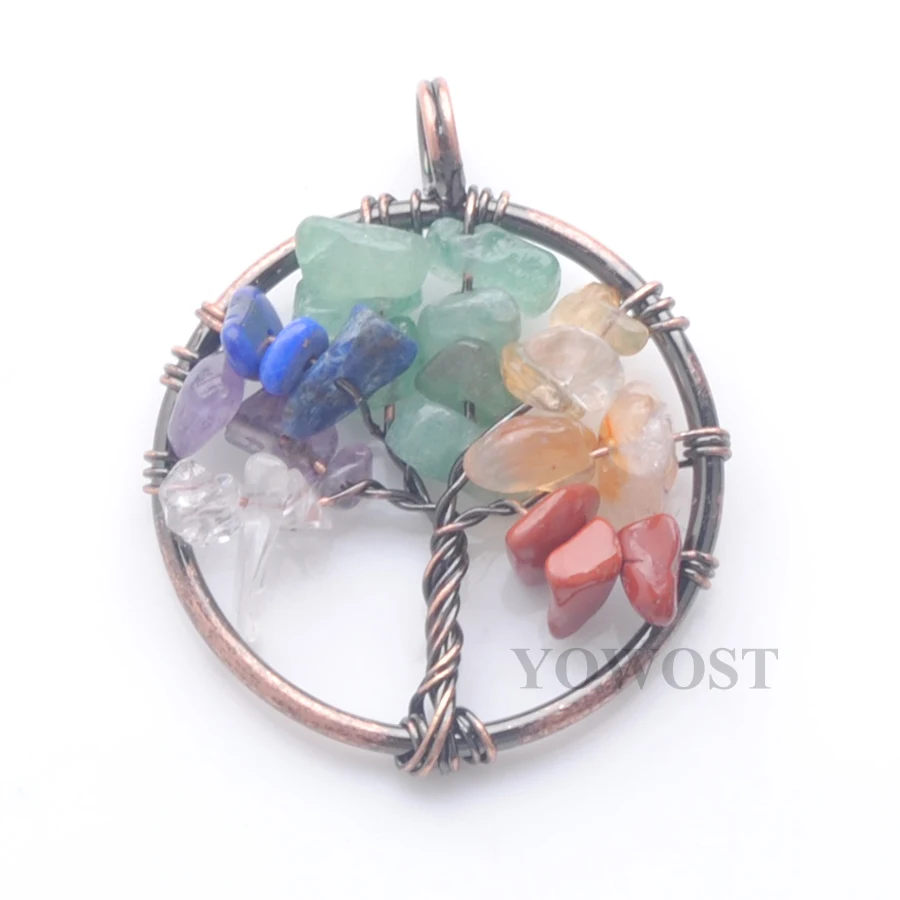 

Wholesale 10Pcs Tree of Life Pendants Round 7 Chakra Stone Chip Copper Wire Wrapped Amethysts Jaspers Crystal Turquoises QBN413