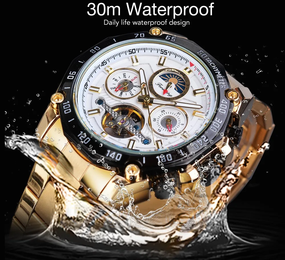 Forsining Классические Золотые Tourbillon механические часы Мужские автоматические Moonphase календари ремни из нержавеющей стали часы Reloj Hombre