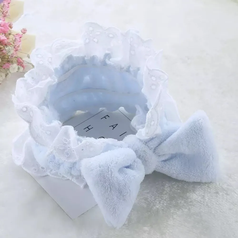 Blue Lace Повязка на голову из кораллового флиса с бантом для макияжа для женщин, женская маска для мытья лица, косметическая повязка на голову, эластичные мягкие аксессуары для волос в виде тюрбана - Цвет: Blue Lace