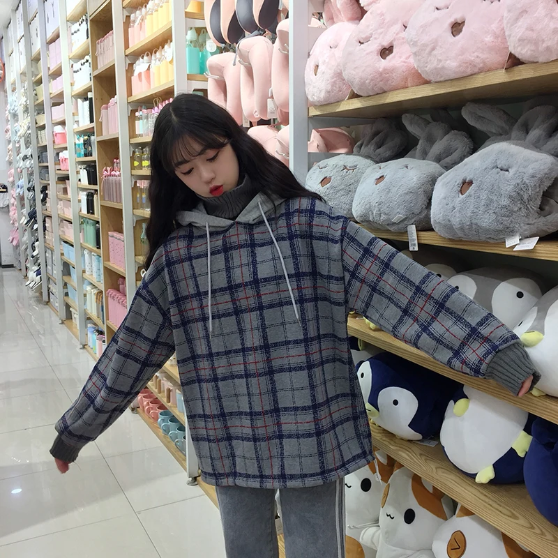 Harajuku флисовые кофты Женские клетчатые водолазки толстовки женские с длинным рукавом Повседневные Большие размеры пуловер с капюшоном одежда толстовка