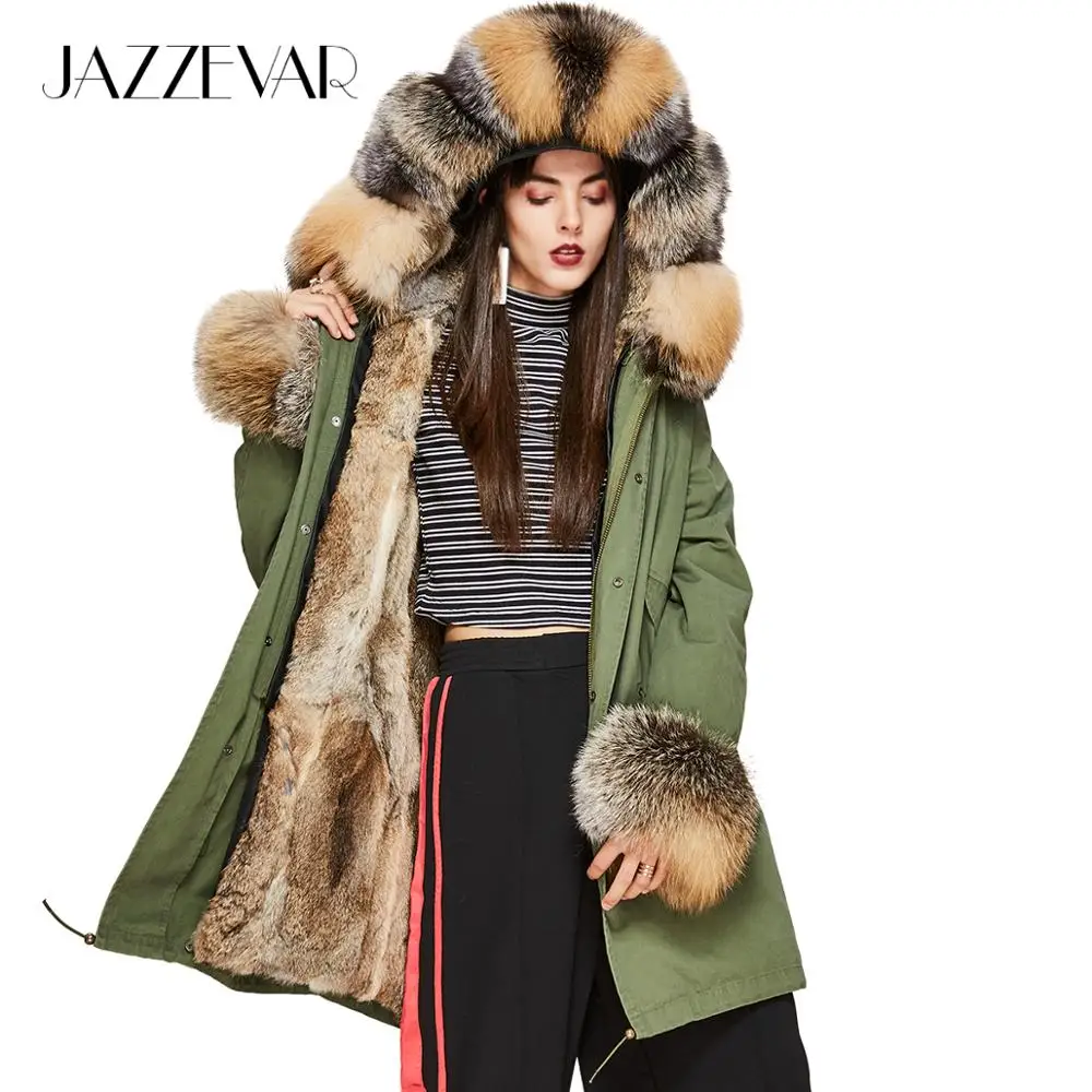 JAZZEVAR 2019 Новые куртки женские модные роскошный натуральным лисьим мехом меховой