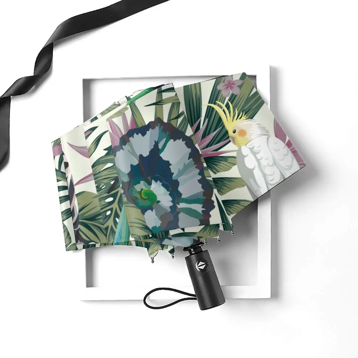 Economici Ombrello Automatico Pioggia A Tre Pieghe Pappagallo Tropicale Hoopoe Con Piante Giungla Foglie Ombrello Antivento Ombrellone Impermeabile