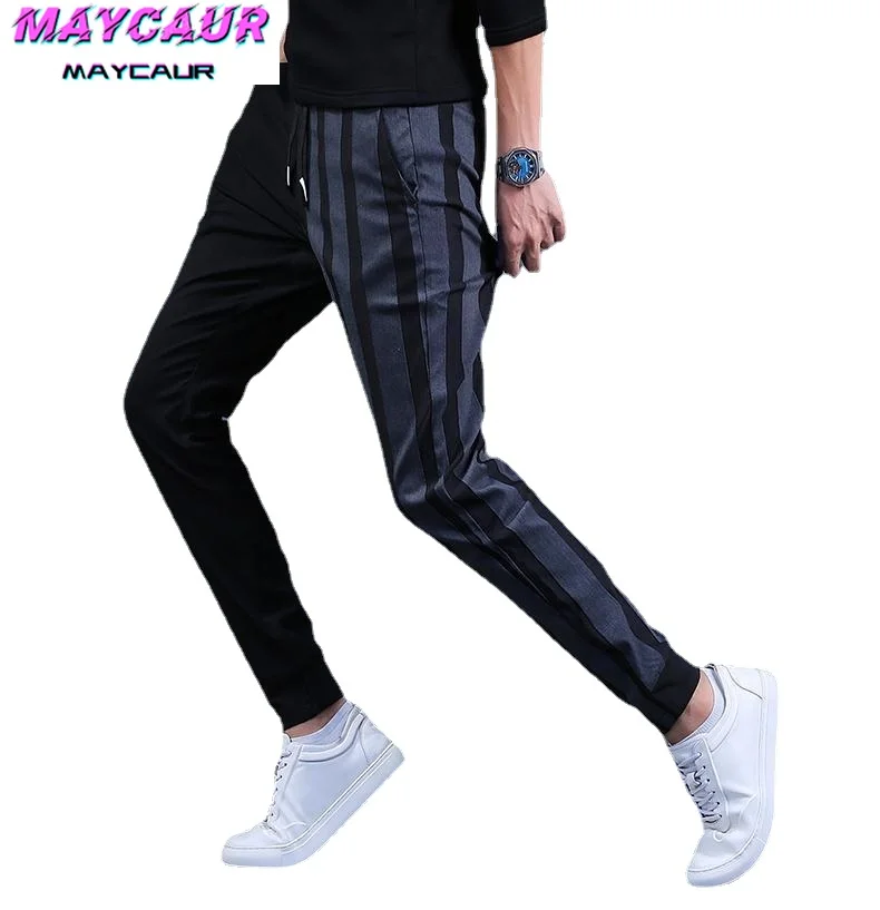 

Autumn New Style Men's Korean Fashion Striped Casual Pants, Stretch Nine-point Pants Joggers Men Harajuku Fashion Plaid Pants