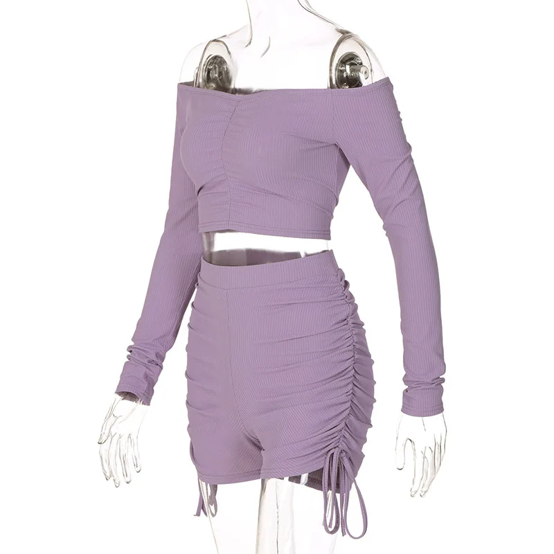 

2020 two piece set strapless long-sleeved crop top drawstring shorts fashion suit women