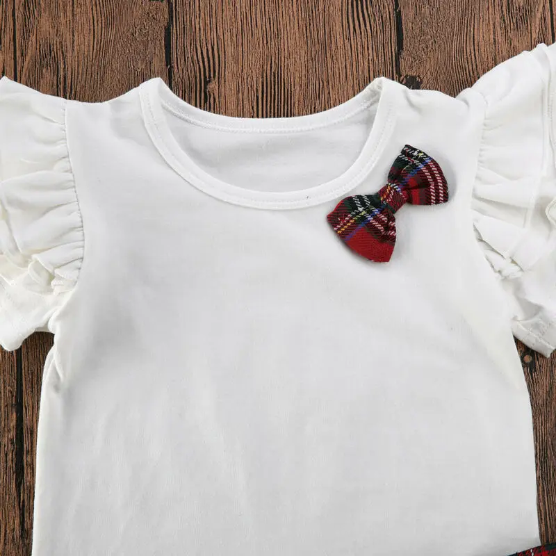 

Toddler Girls Kids Baby Summer Tops Pullover T-shirt+High Waist Plaid Skirt Outfits Infant Clothes Set
