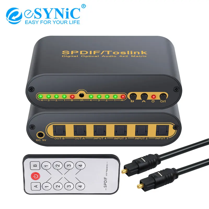 ESYNiC SPDIF/TOSLINK оптический цифровой аудио переключатель 4X2 с дистанционным