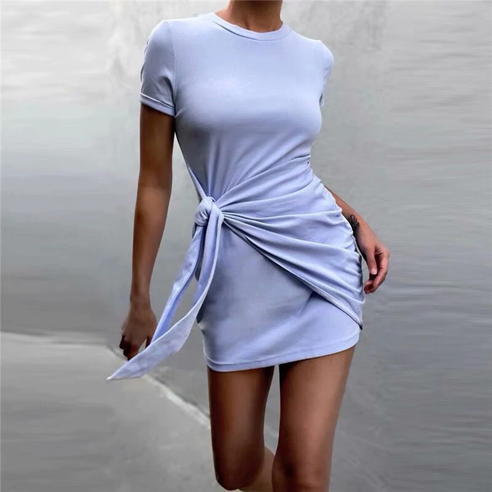 

2021 Летние повседневные хлопковые кружевные облегающие платья для женщин с круглым вырезом и коротким рукавом, плиссированное облегающее м...