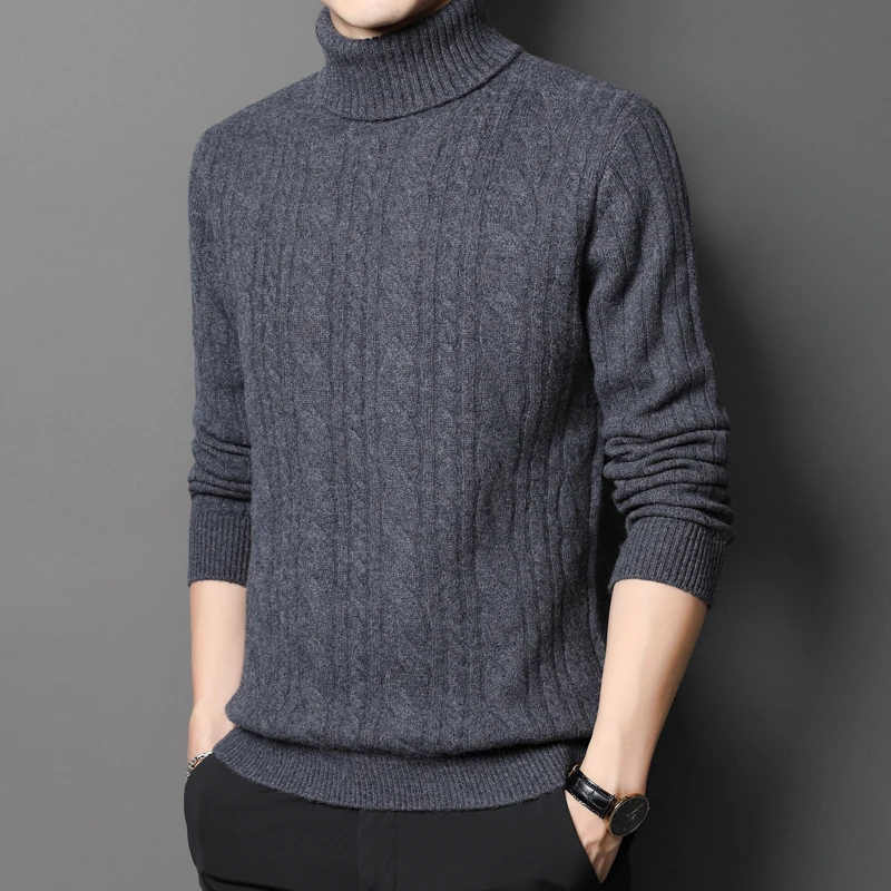 Male 100% Wool Thick Knitwear Winter Turtleneck Cashmere Sweater Man High Collar Warm Twisted Pure Wool Warm Jumpers