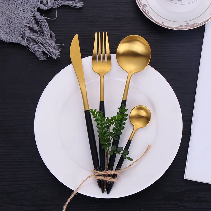 Jual Peralatan Makan Mewah Set Peralatan Makan Emas Hitam Sendok Baja Tahan Karat Set Pisau Garpu Peralatan Dapur Set Peralatan Makan Sendok Garpu Perjalanan