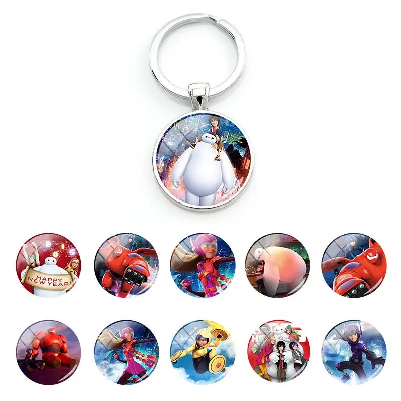 

Disney Big Hero 6 Glass Cabochon Keyring Decoration Cartoon Flat Bottom Pendant Keychains for Car Key Jewelry New Fashion FWN326
