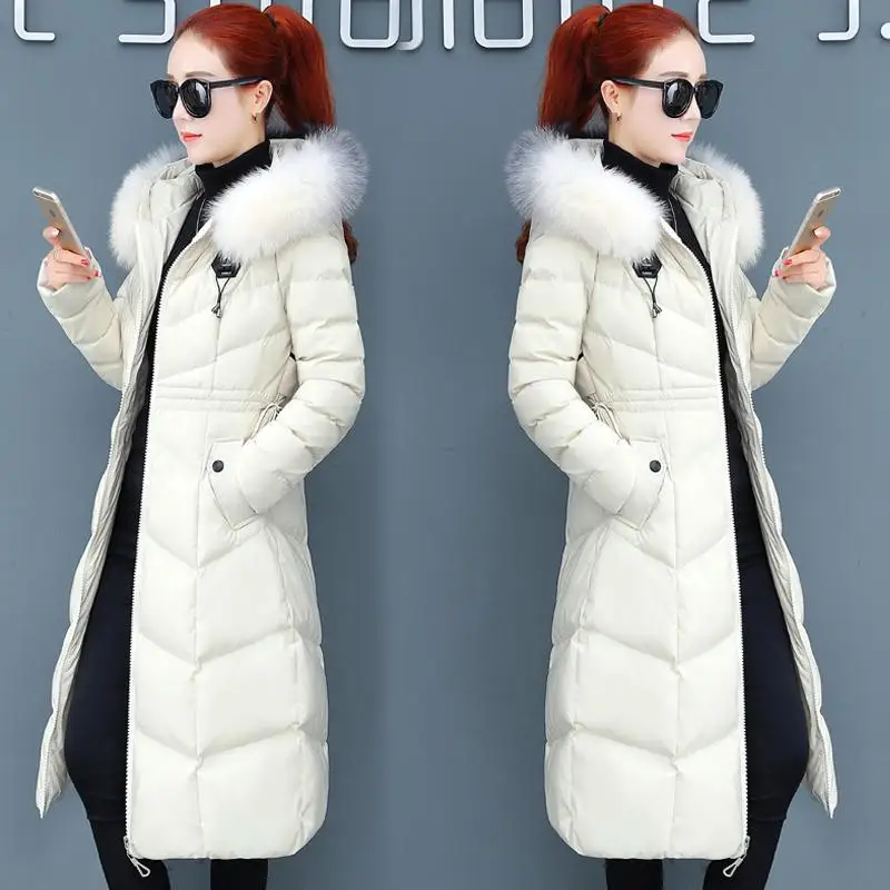 

Big Fur Collar Women Cotton-Padded Jacket Over The Knee Mid-Length Jacket 2021 Female New Winter Warmth Slim Korean Jacket A118