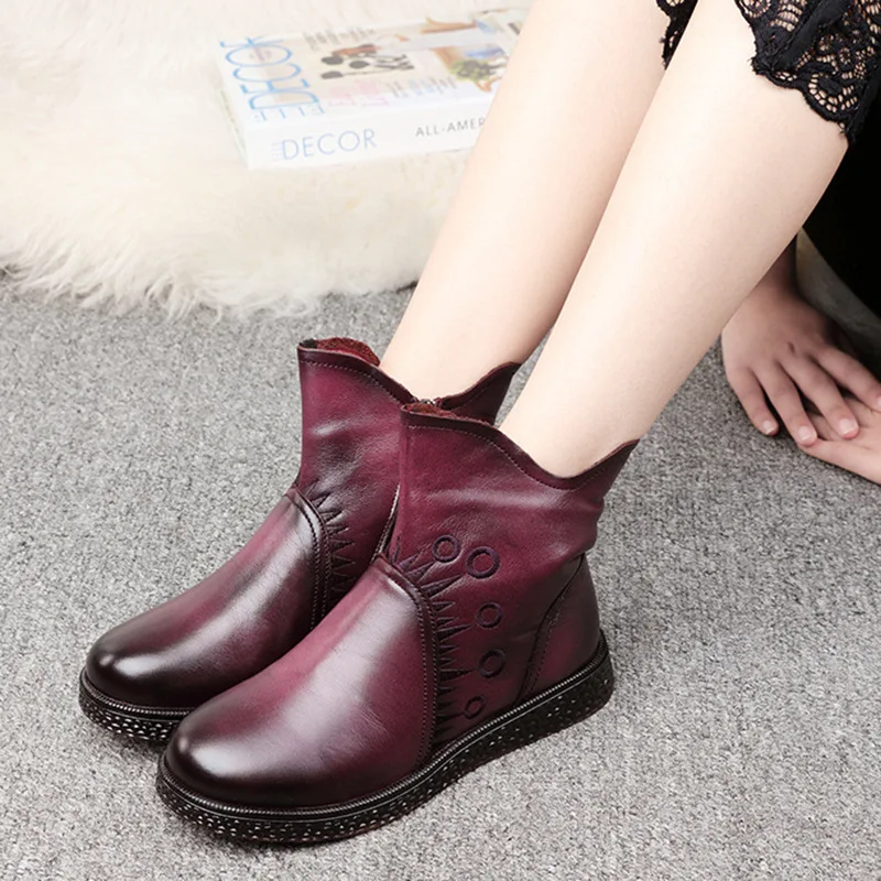 

YAERNIFloral Woman Platform Shoes Winter Comfortable Genuine Leather Ankle Boots For Women All Match Retro Lady Boots