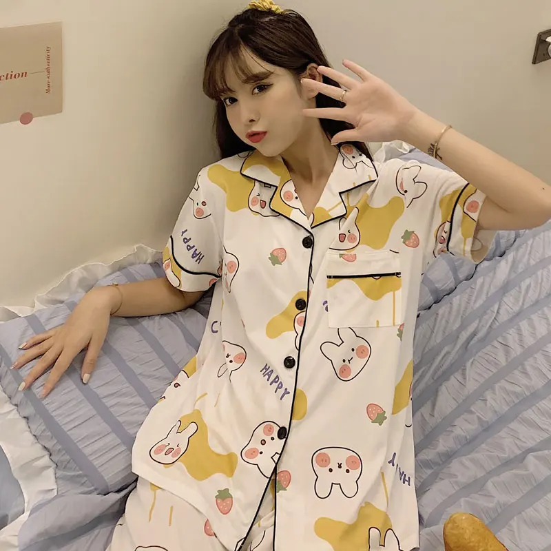 

Silka Surplus Cute Cartoon Print Pajamas Sets For Women Short Sleeve Cotton Sleepwear Pink Pijama Mujer Female Nightsuit