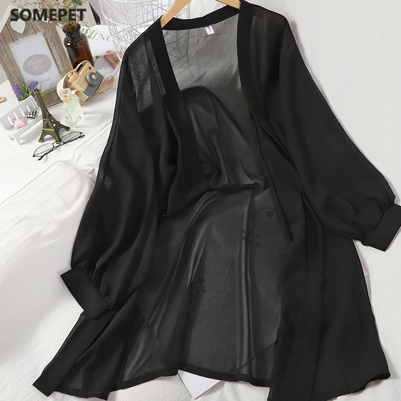 

Korean Women Long Sleeve Chiffon Blouses Vintage V Neck Solid Long Feamle Shirts Summer Outwear Blusas Mujer