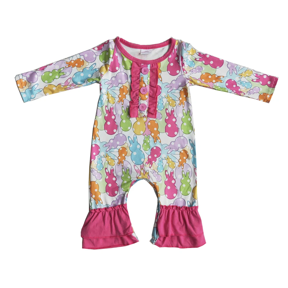 

Комбинезон для маленьких девочек с длинным рукавом и принтом кроликов, розовый комбинезон с оборками для младенцев на Пасху со скрытыми пуг...