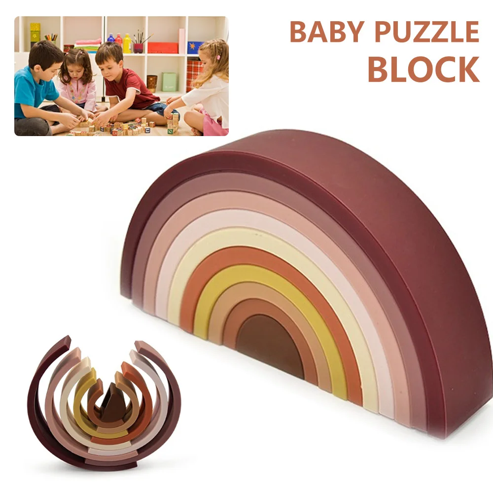 

Baby Food Grade Silicone Toy Montessori Rainbow Building Blocks DIY Creative Stacking Balance Game Educational Toy For Kids Gift