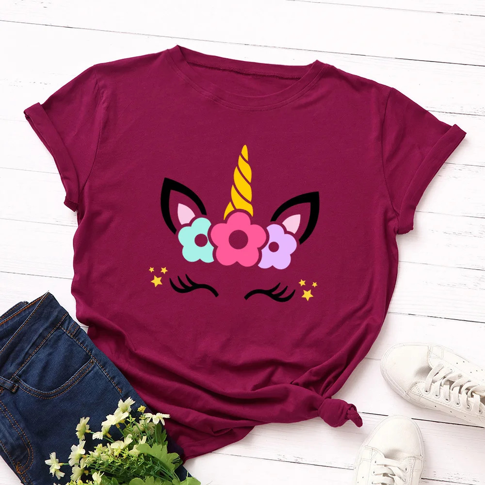 

2020 New 100% Cotton Women T-Shirt Unicorn Cartoon Print Short Sleeve O-Neck T Shirt Female Cute Tee Femme Summer Tops