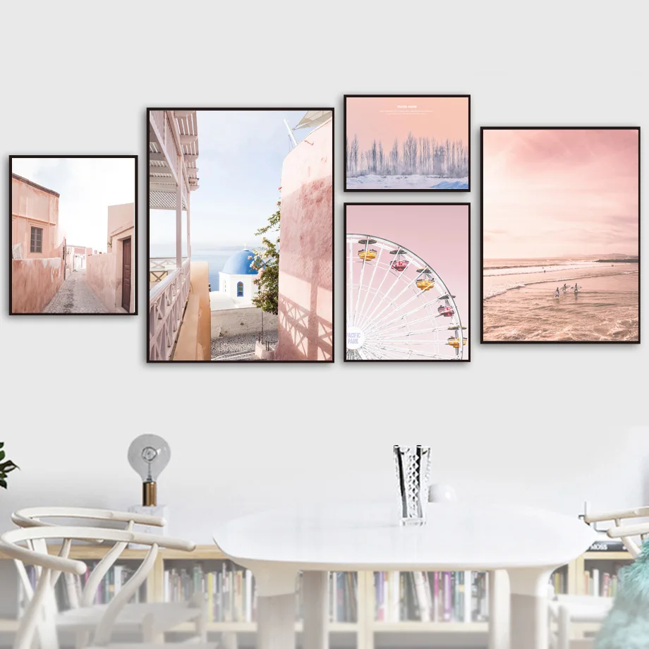 

Landscape Pink Sky House Ferris Wheel Forest Wall Art Canvas Painting Nordic Posters And Prints Wall Pictures For Living Room