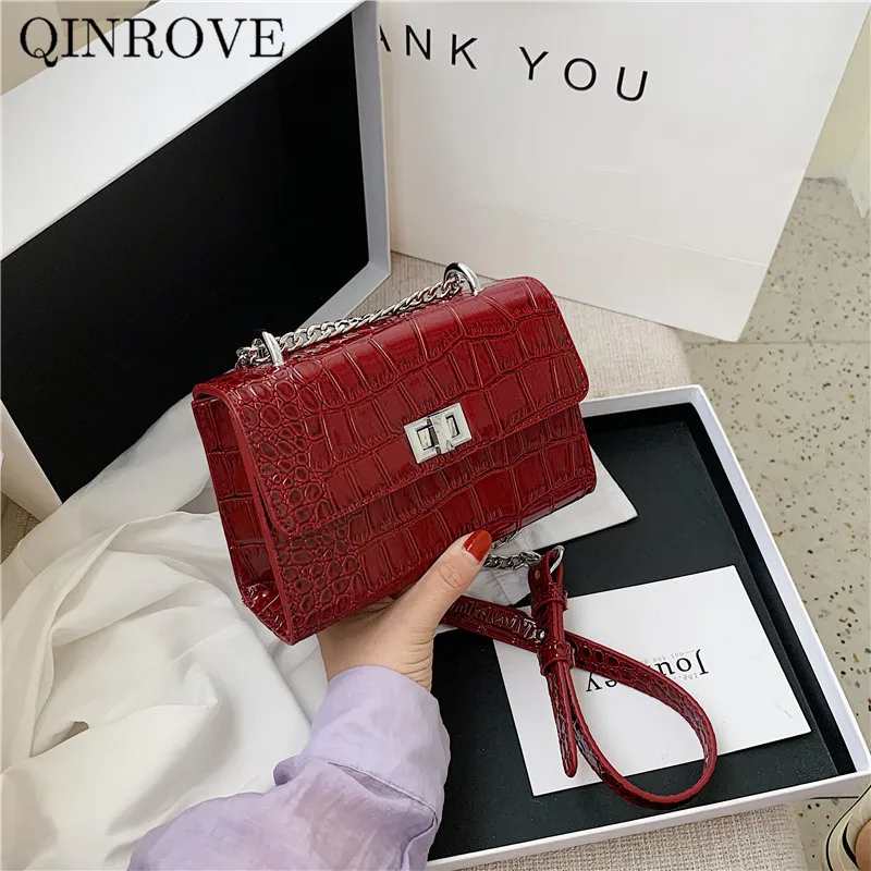 

Alligator Pattern PU Leather Shoulder Bag For Women 2021 Solid Color Fashion Female Mini Bag Ladies Black Handbags With Chains