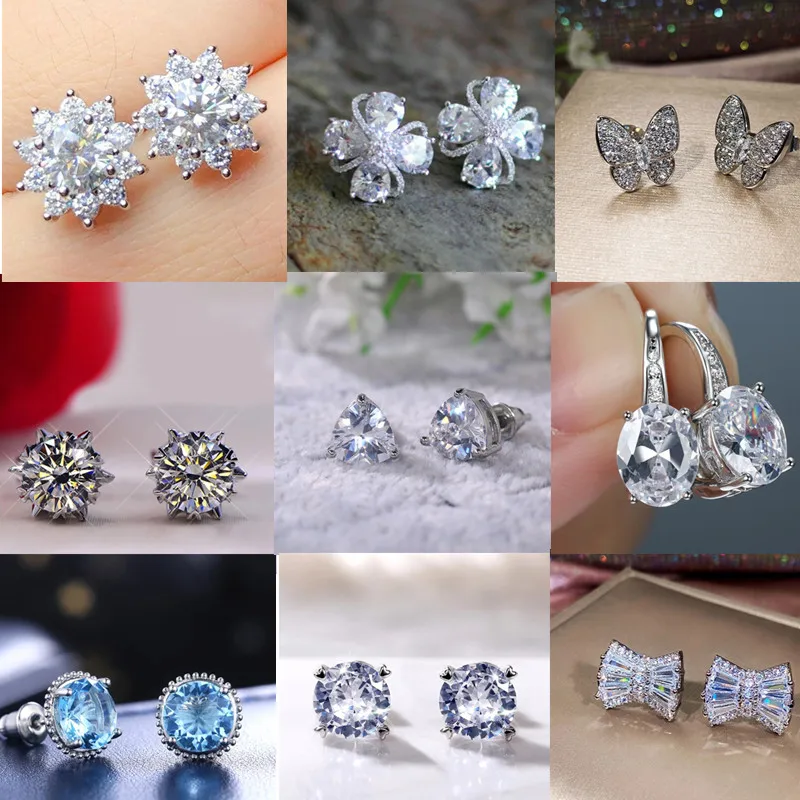 

925 Sterling Silver Zircon Bowknot Geometric Stud Earrings For Women Girls Engagement Wedding Trendy Jewelry Accessories
