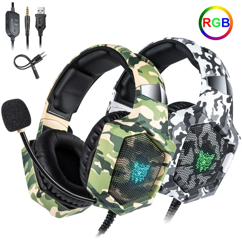 

New K8 PS4 Camouflage Gaming Headphones casque Wired PC Gamer Stereo Gaming Headset With Mic LED Lights for XBox One/Laptop