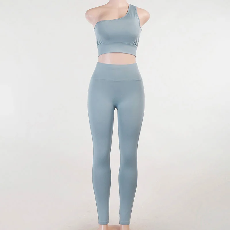 

2021 Women Two Piece Set Slant Shoulder Crop Top Sports Bra High Waist Leggings Shorts Yoga Set Solid Color Women's Sports Suit