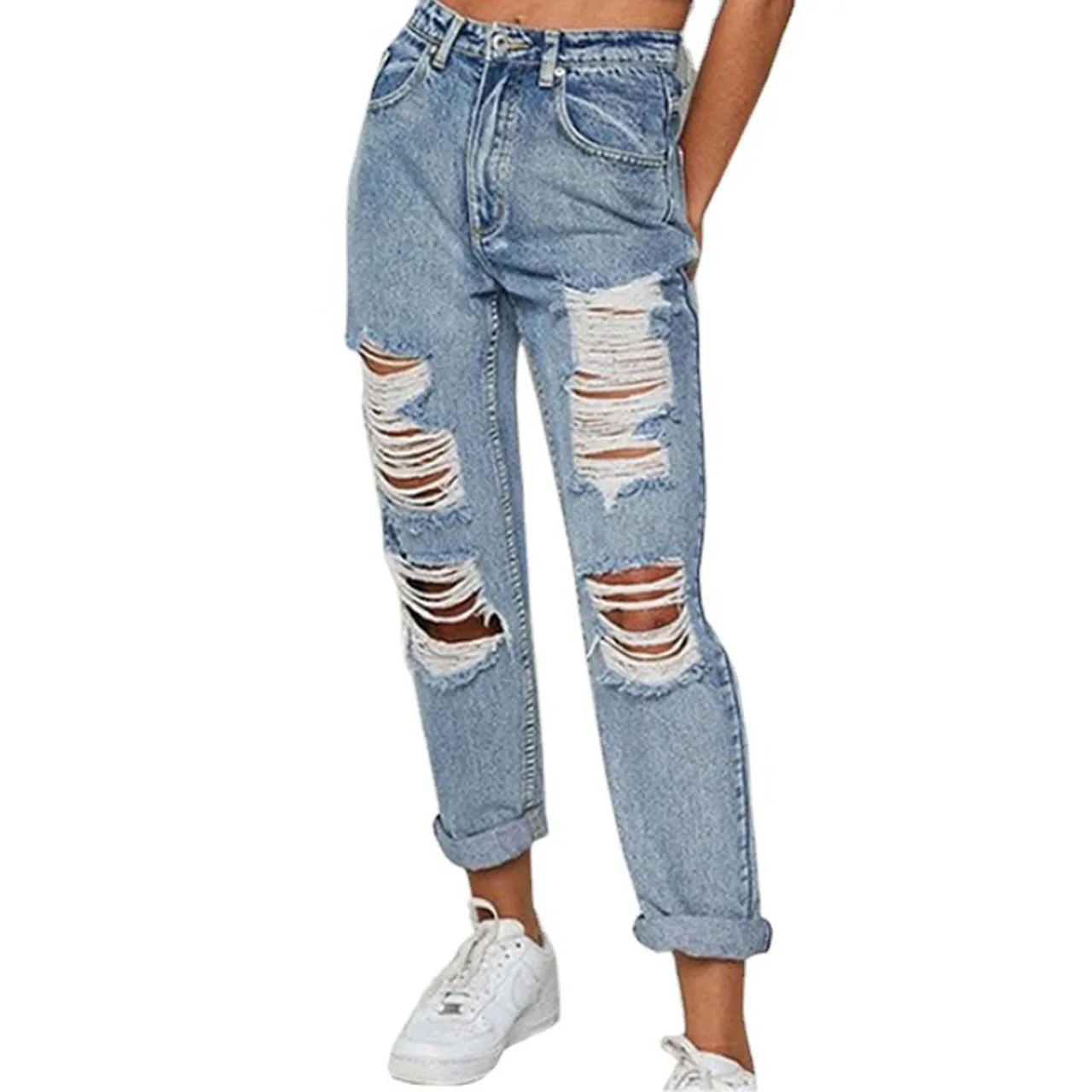 

Woman Jeans High Waist Ripped Jeans For Thin Jeans Denim Breeches Overalls 2020 Vintage Female Long Trousers Torn Trousers