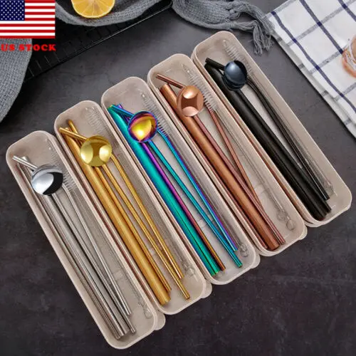 

Colorful Home 7pcs Stainless Steel Thick Fine Drinking Straws Spoon Brush Kits Convininent Straws Set