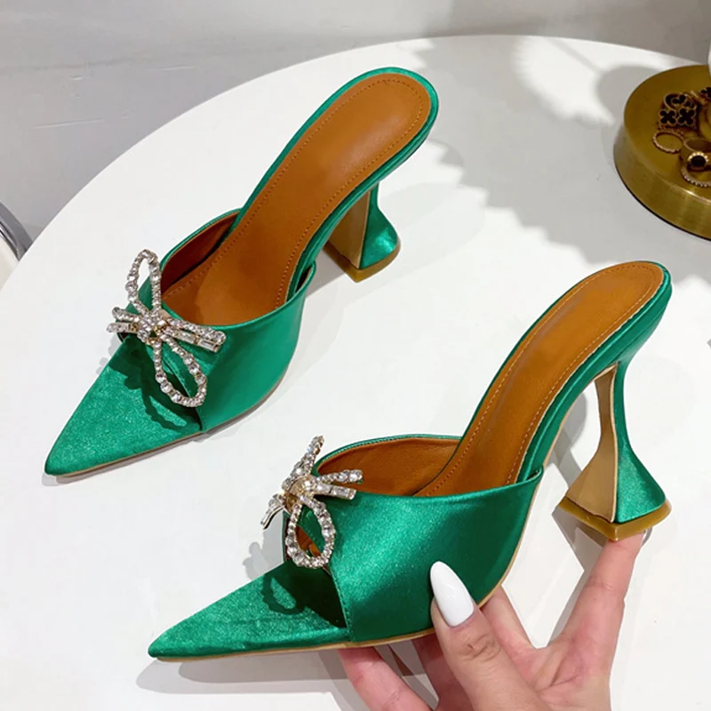 

Sexy Party Crystal Butterfly-knot High Heels Mules Slippers Fashion Pointed Open Toe Designer Sandals Blue Shoes Women Pumps