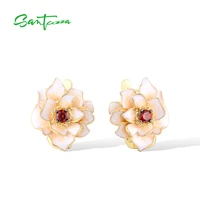 santuzza 925 sterling silver earrings for women gold color white lotus flower garnet cubic zirconia fine jewelry handmade enamel
