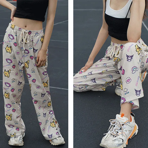

Super Chic Retro Cartoon Full Print Pants Women Full Length Elastic Waist Wide Leg Pants 2021 Summer New Harajuku Japanese Style