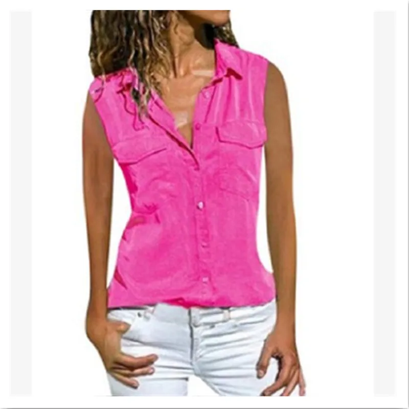 

Summer Shirt Vest Women Tops 2021 Summer Elegant Button Turn-down Collar Sleeveless Chemise Femme Casual Shirts for Women