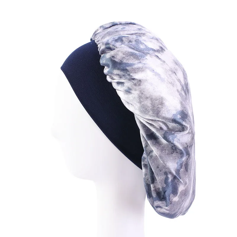 

Styling Tie-Dyed Elastic Hair Cap For Sleeping Wide-Brimmed Round Hat Satin Night Turban Makeup Beauty Bonnet Haircaring