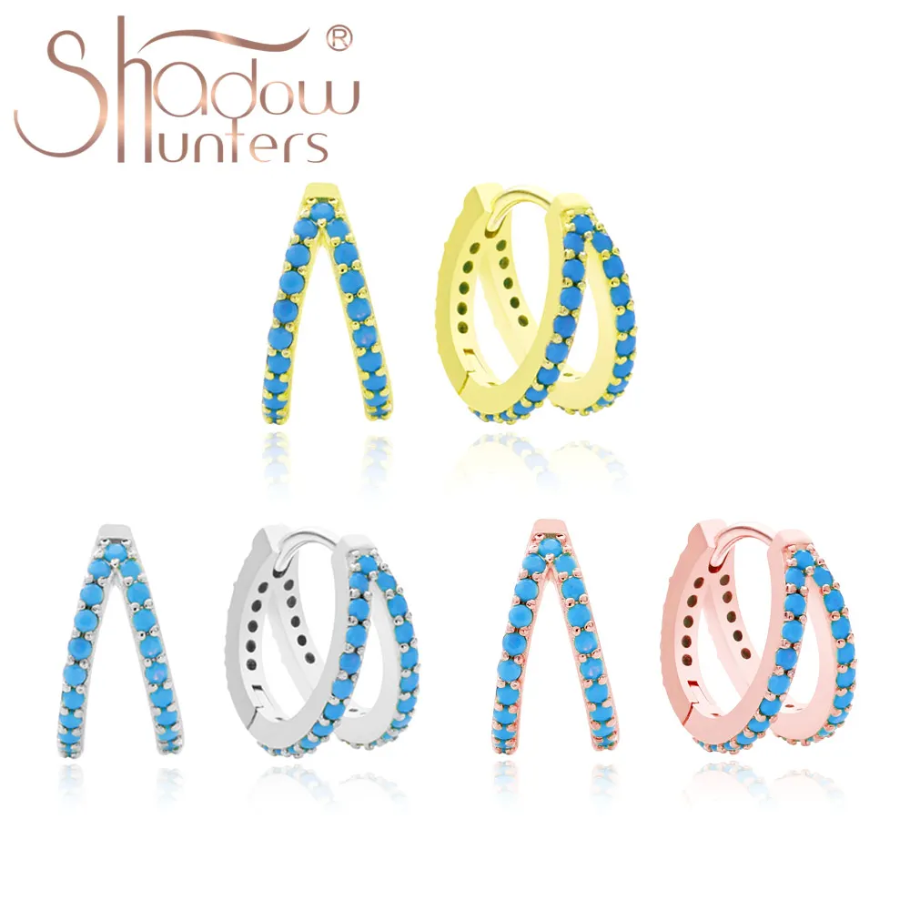 

SHADOWHUNTERS Fine 925 Sterling Silver Huggie Hoop Earrings Two Rows Turquoise Scholarship Hoops For Women Jewelry Gift Piercing