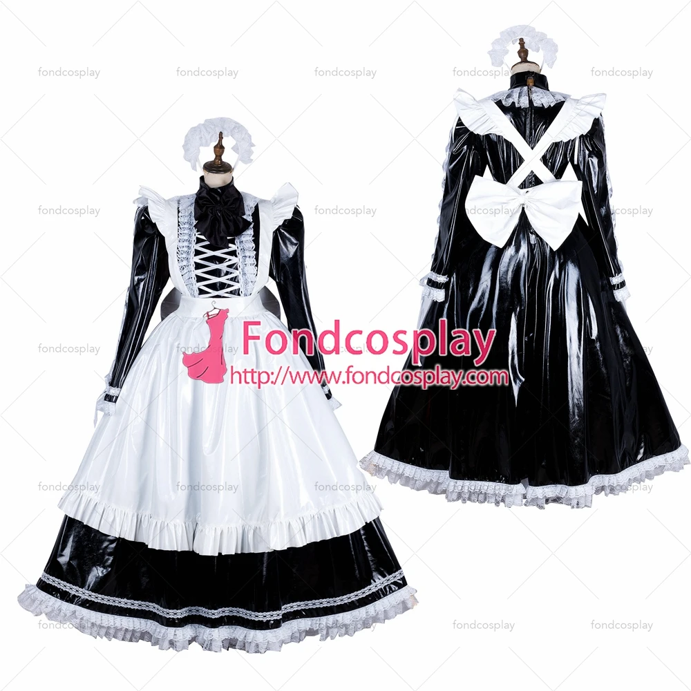 

fondcosplay adult sexy cross dressing sissy maid long lockable black thin PVC vinyl dress Uniform white aporn Tailor-made[G1807]