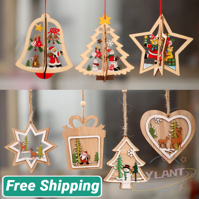 

New Year 2022 1PC 2D 3D Christmas Ornament Wooden Hanging Pendants Star Xmas Tree Bell Christmas Decorations For Home Navidad