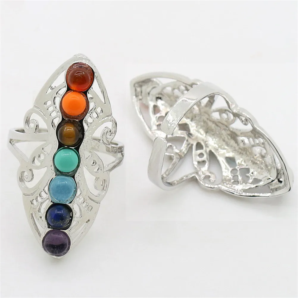

Wholesale 6pcs/lot 7 Chakra Stone Bead Finger Rings Reiki Balance Meditation Healing Point Charm Adjustable Yoga Hollow Flower